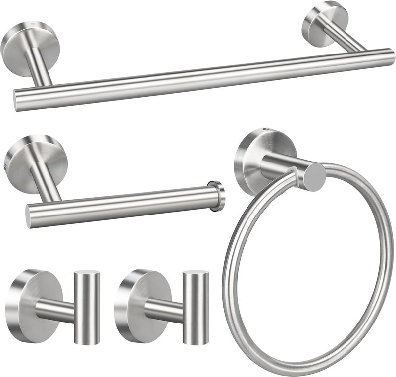 Ruby Q 5pcs Bathroom Hardware Set, Brushed Nickel Bathroom Hardware Set, Including 16" Hand Towel Bars, Toilet Paper Holders, Towel Rings, Robe Towel Hooks - Image 1